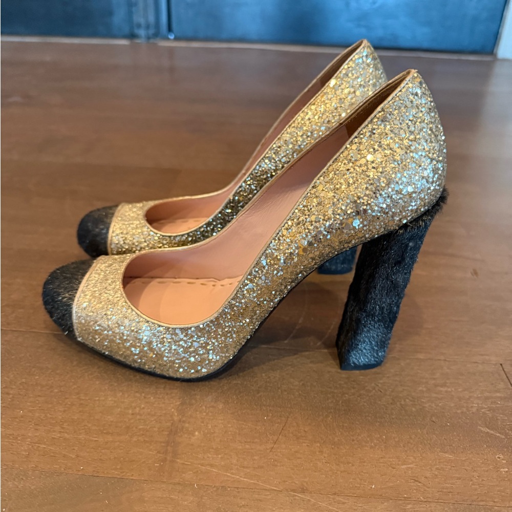 Miu Miu gold glitter cap toe heels
